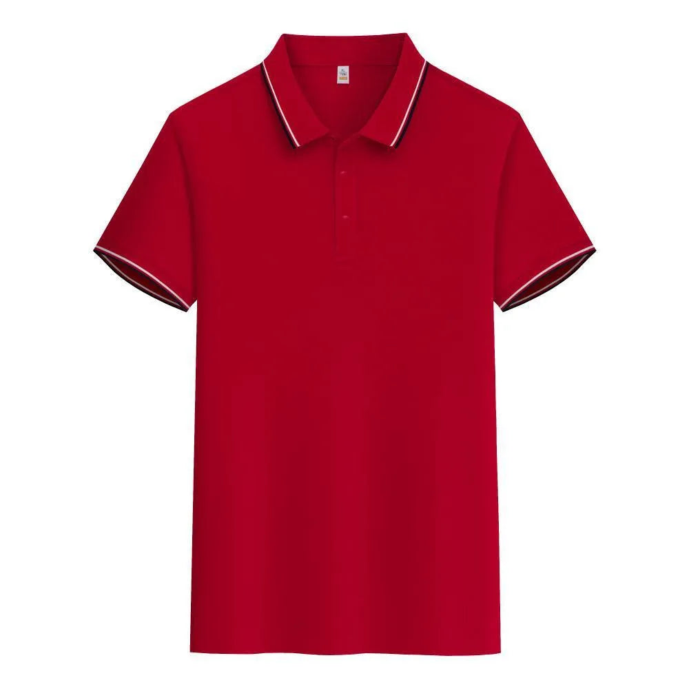 Men's pure cotton short sleeve polo shirt with lapels in a range of colours on a hanger.