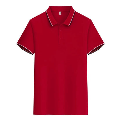 Men's pure cotton short sleeve polo shirt with lapels in a range of colours on a hanger.