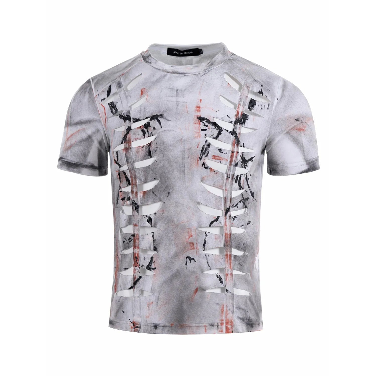 Men's white cotton T-shirt with hollow-out design pattern on fabric