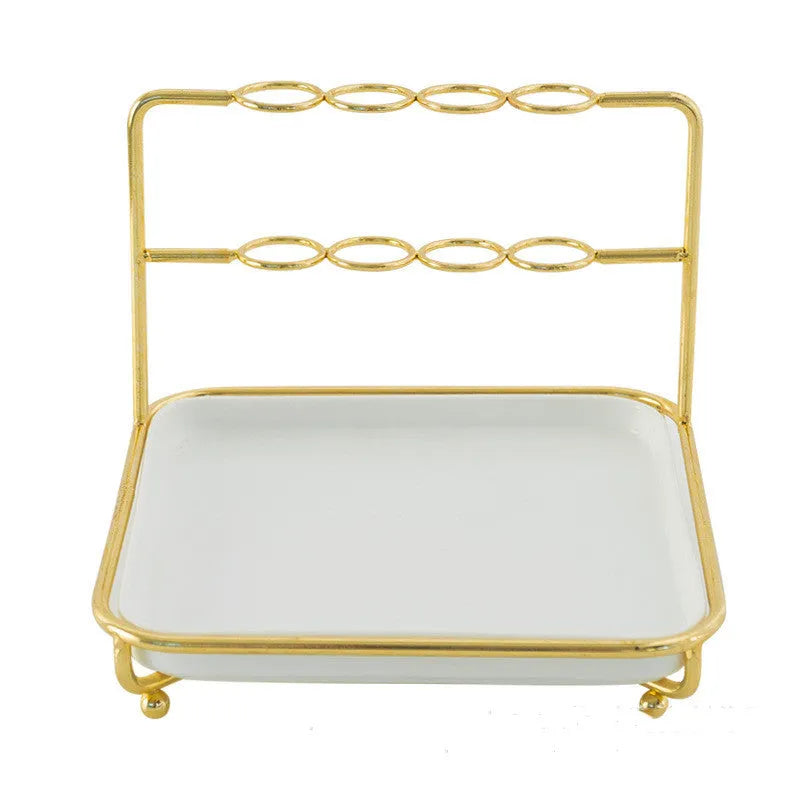 Modern short-style cosmetics storage rack on a desktop, made from iron and ceramic, shown in a choice of colours.