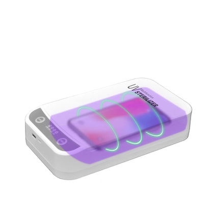 Compact UV disinfection box showing internal chamber with four UV-C lamps for sanitising mobile phones