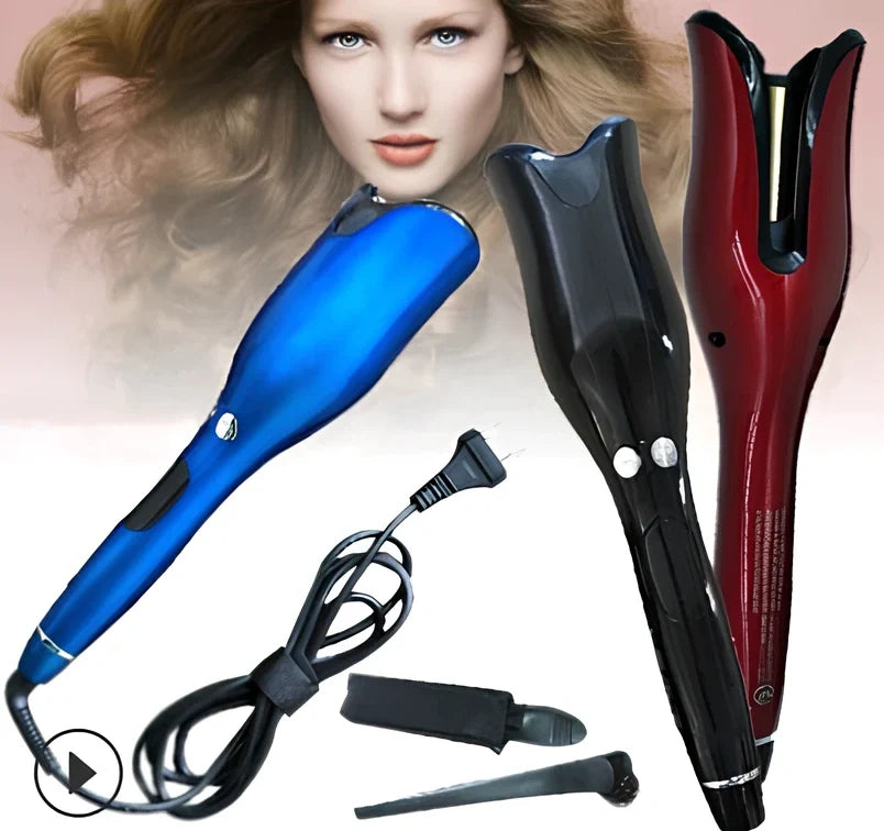 Blue automatic ceramic rotating curling iron with digital display and 2.5 cm barrel for anti-scald curls in 15 seconds