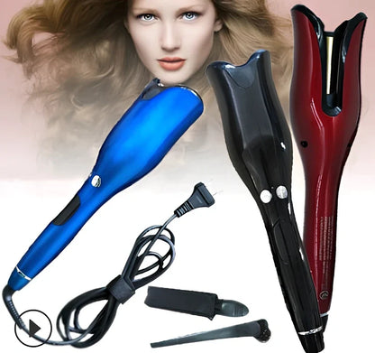 Blue automatic ceramic rotating curling iron with digital display and 2.5 cm barrel for anti-scald curls in 15 seconds