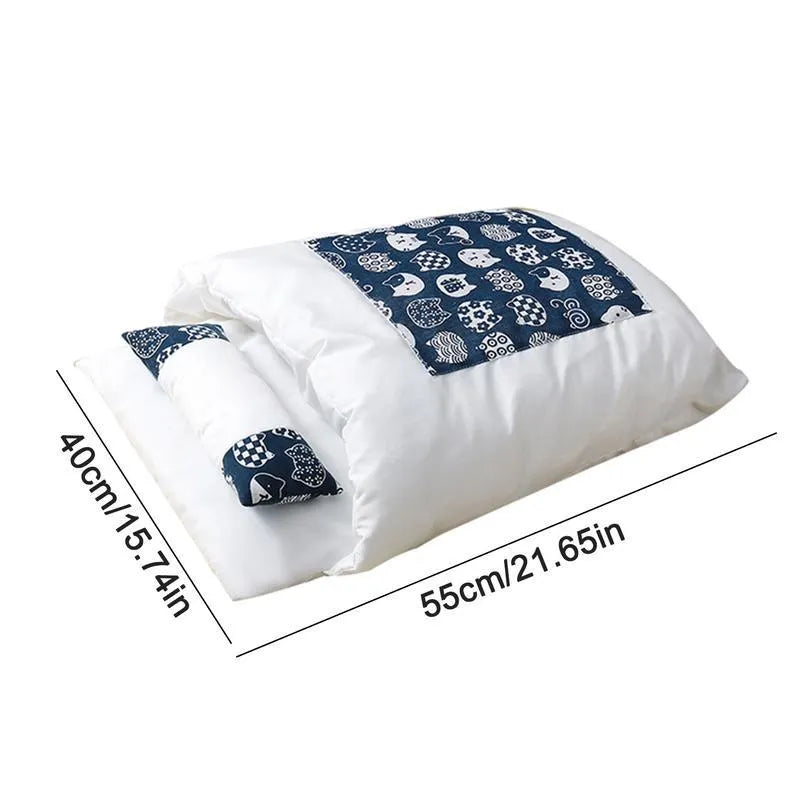 Grey cat sleeping bag bed with removable fleece liner and pillow in four sizes for cats and small dogs.