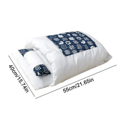 Grey cat sleeping bag bed with removable fleece liner and pillow in four sizes for cats and small dogs.