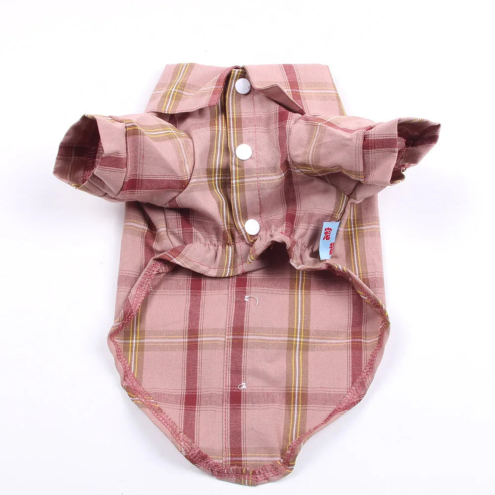 Soft cotton pet shirt with two feet design in blue, red, or rice brown, sizes XS to XL