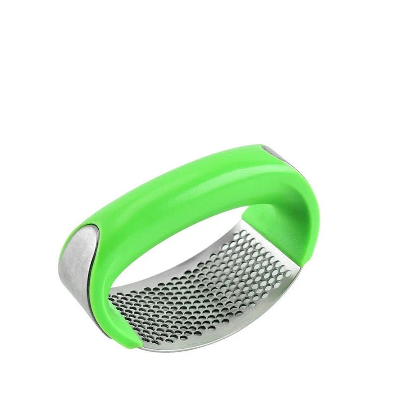 Stainless steel garlic press with non-slip handle for easy crushing