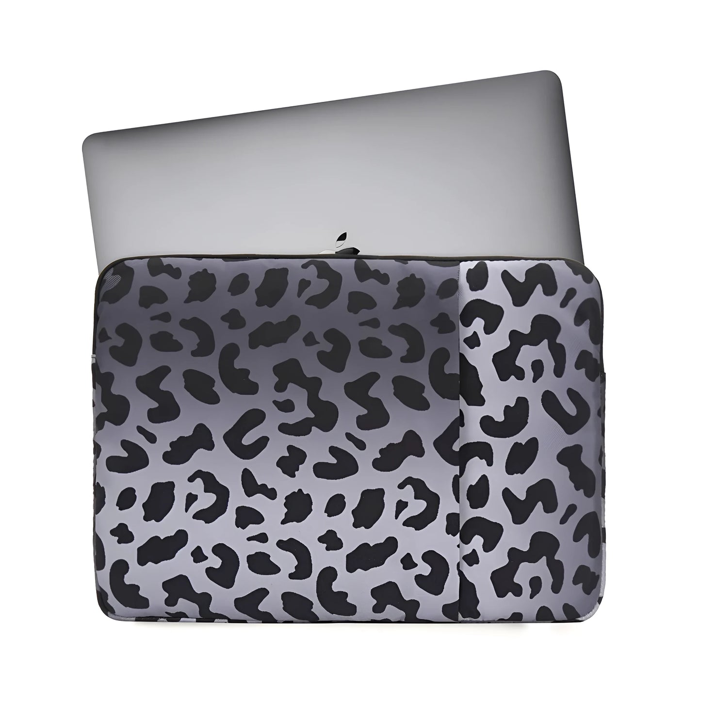 Leopard print laptop protective sleeve for 13 to 16 inch devices on a grey background