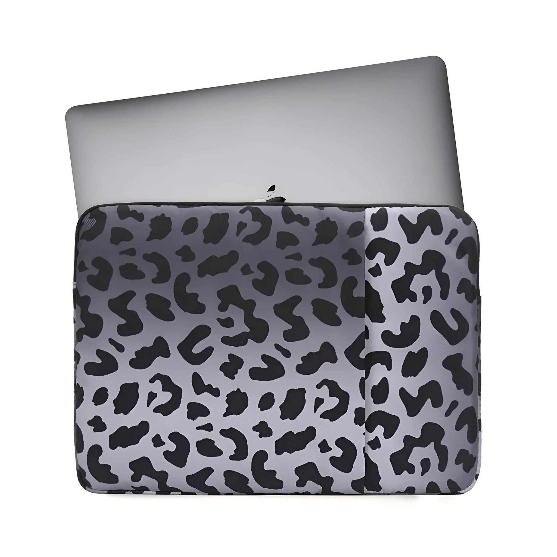 Leopard print laptop protective sleeve for 13 to 16 inch devices on a grey background