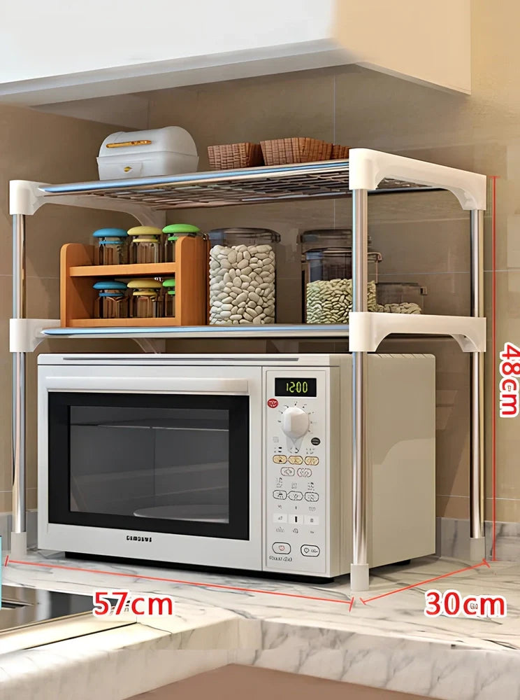 Silver and white microwave shelf rack with two tiers organising kitchen spices and essentials