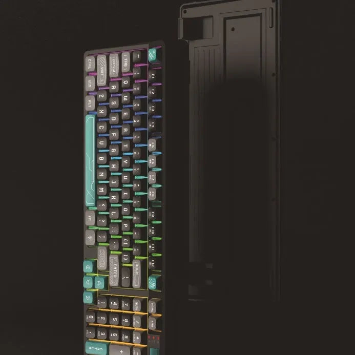 RGB illuminated plastic desktop keyboard with a long cable, shown in various colour options.