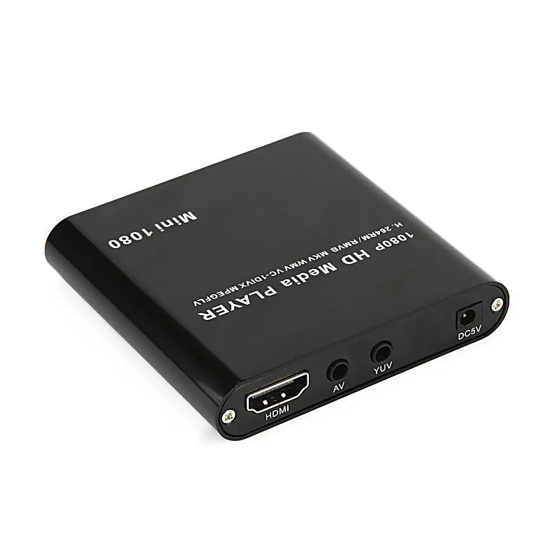 1080p Full HD media player in black metal case with SD card slot, USB port and HDMI output