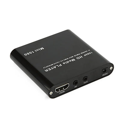 1080p Full HD media player in black metal case with SD card slot, USB port and HDMI output