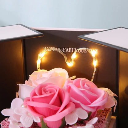 Handmade pink rose soap flower decorative lamp inside a gift box