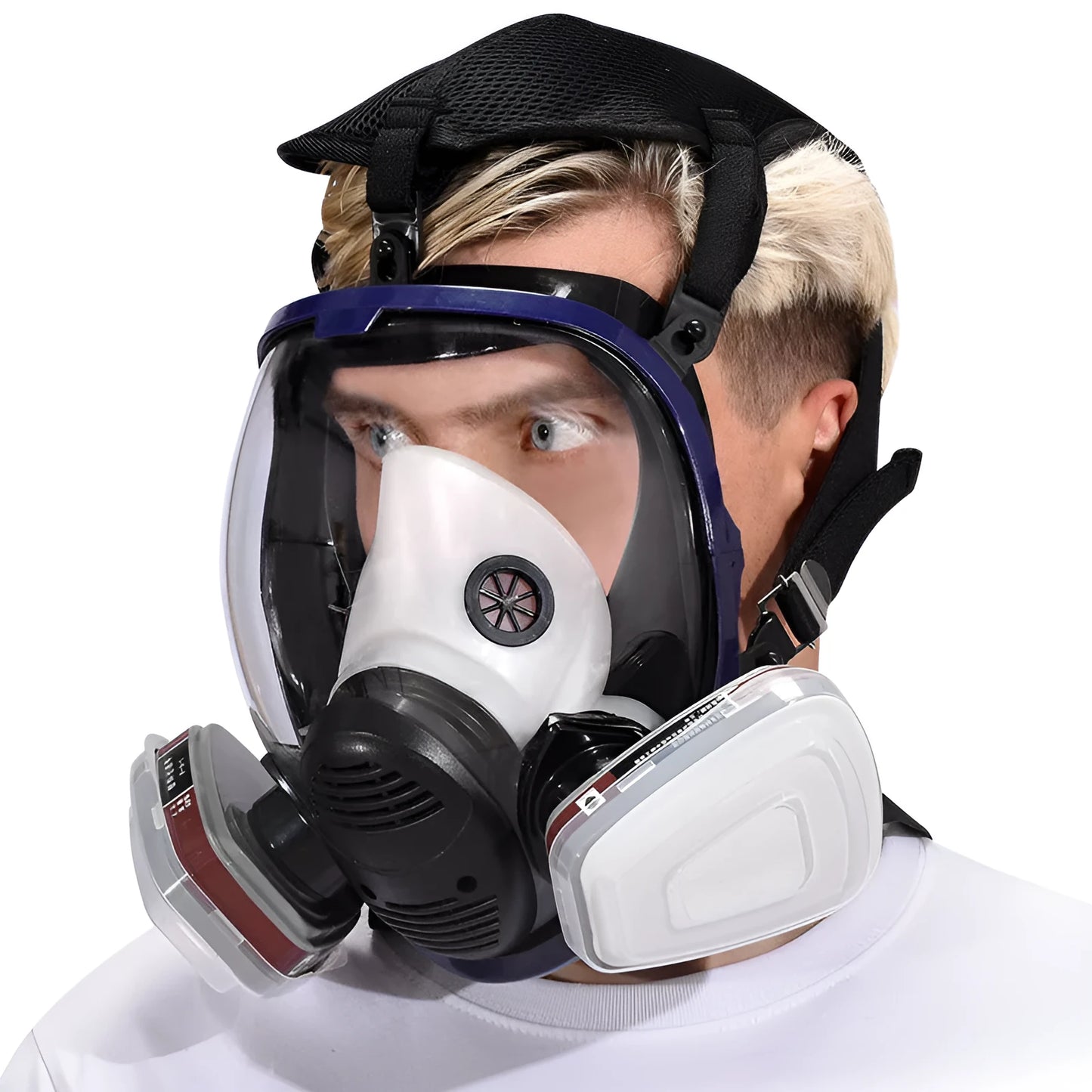 Blue edge spherical full face gas mask with trapezoidal canister and activated carbon filtration system