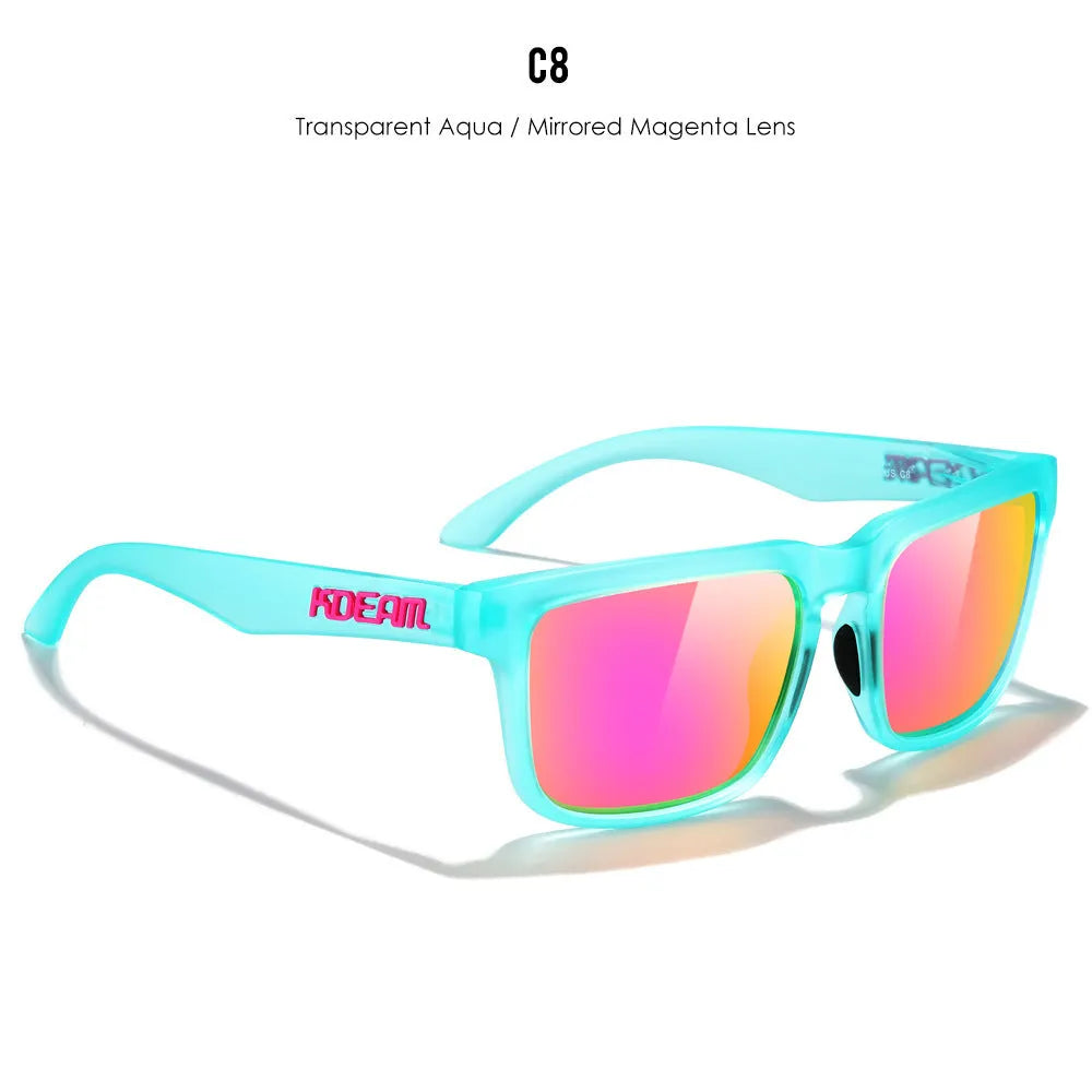 Square polarised sunglasses with TAC lenses and PC frames in multiple colour options.