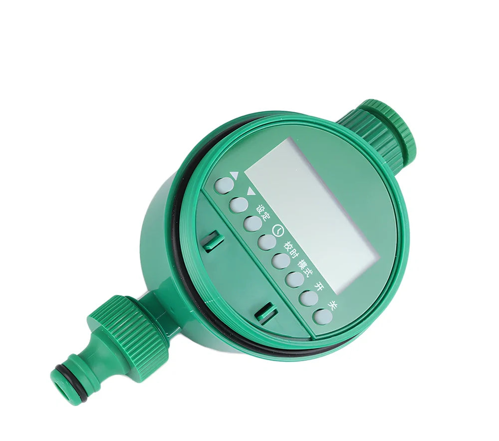 Green home garden solenoid valve controller with LCD display showing irrigation programming