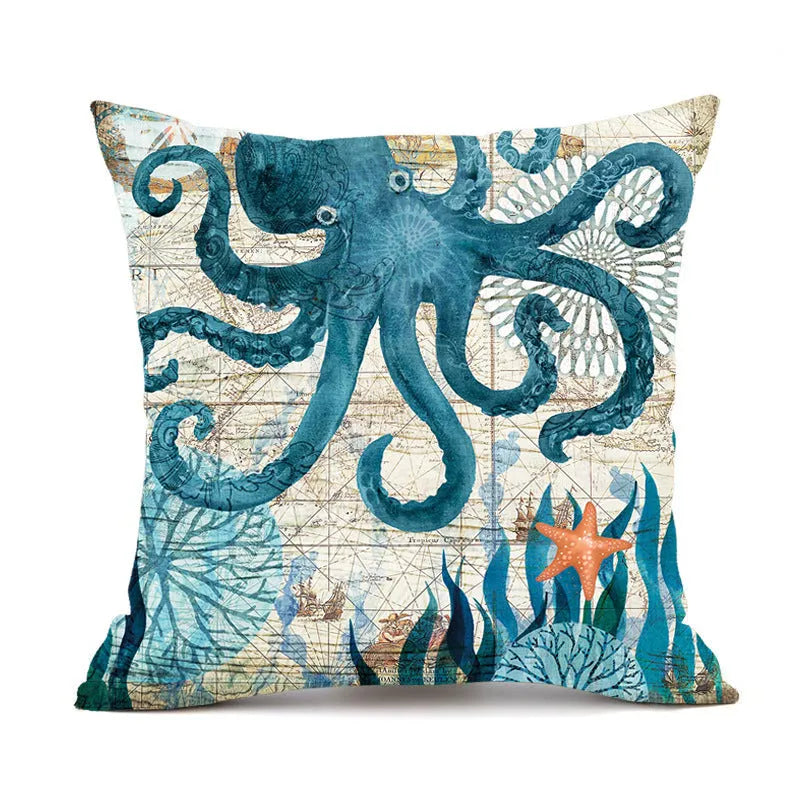 Linen cushion cover with detailed sea turtle pattern, showing invisible zipper closure.