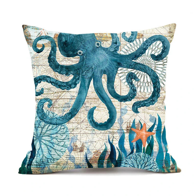 Colorful throw pillow covers featuring vibrant sea creature designs like turtles, octopuses, and seahorses printed on soft, durable linen fabric