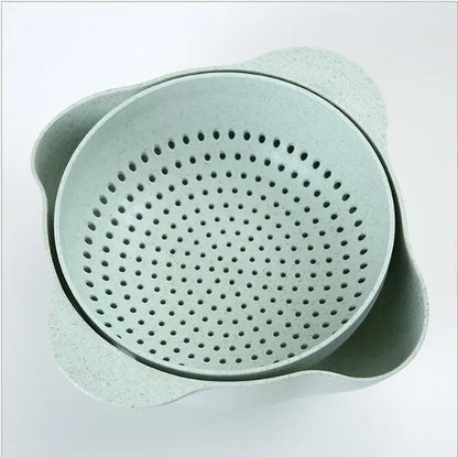 Blue double-deck plastic kitchen basket for washing rice, fruits and vegetables