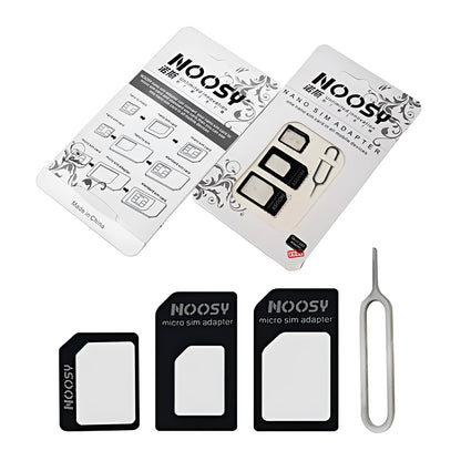 Three-piece SIM card adapter kit with storage case showing standard, micro and nano adapters