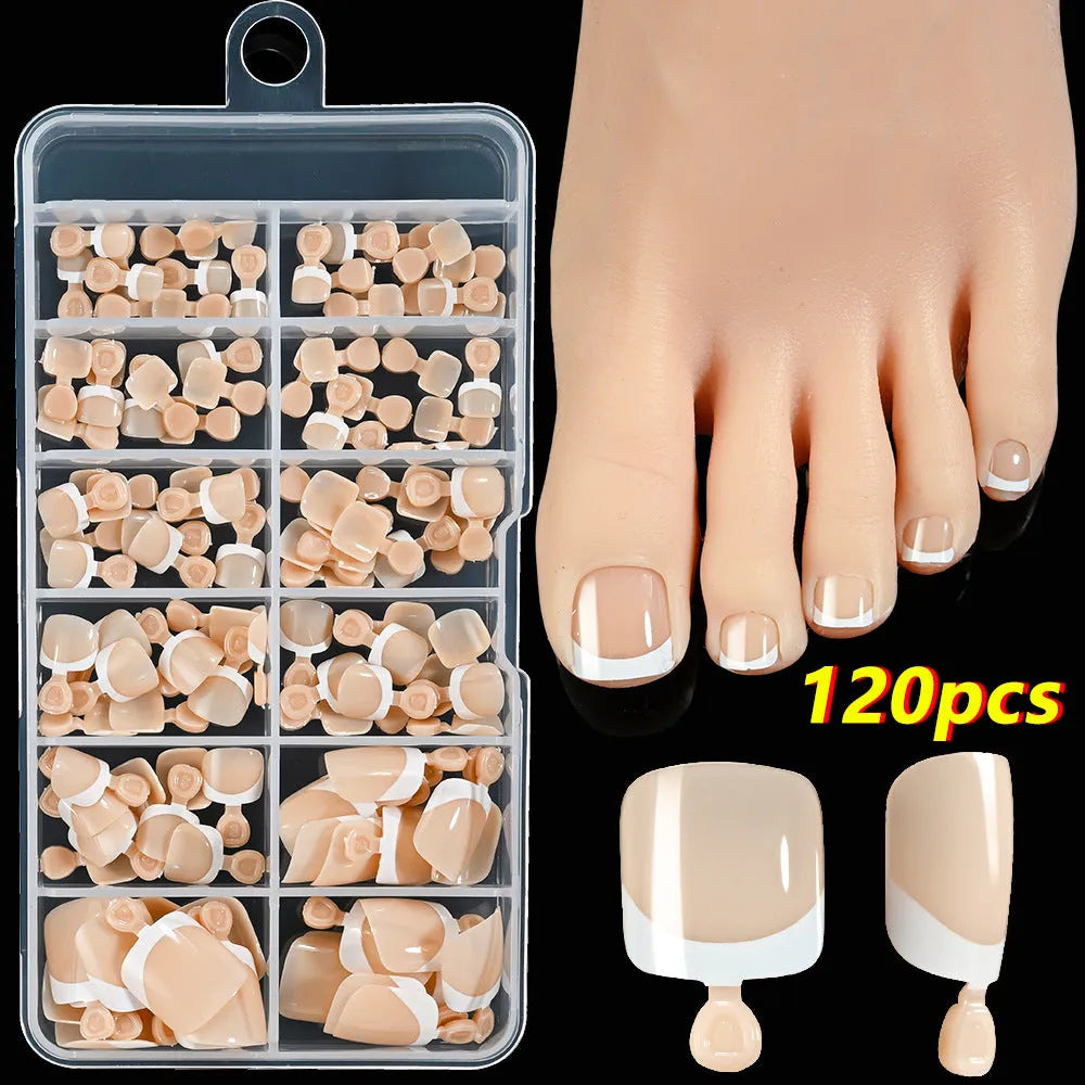 120-piece French white edge toenail pieces in nine natural nude shades, full square short shape for easy application