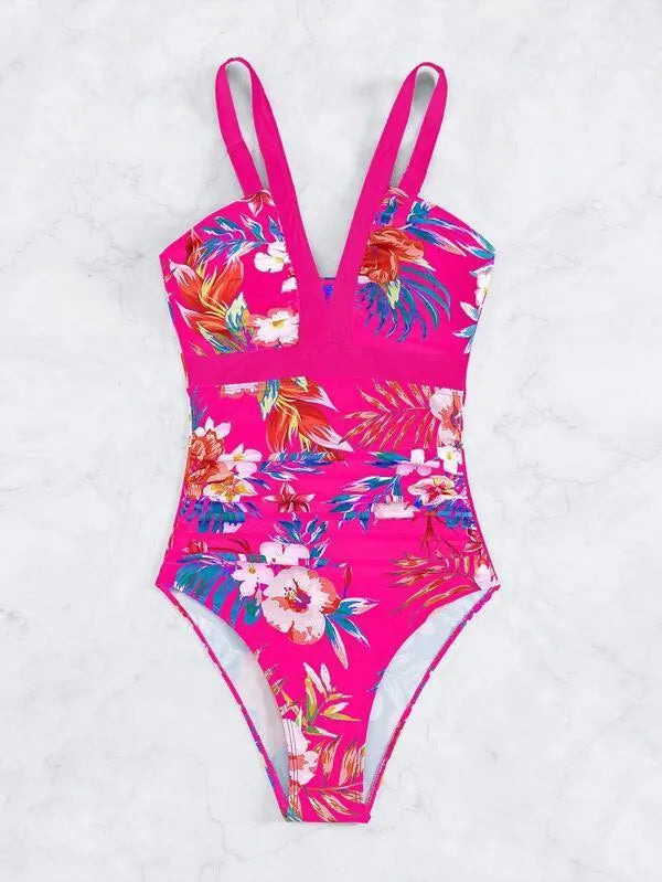 Women's floral pattern backless one-piece swimsuit in spandex-polyester fabric for swimming