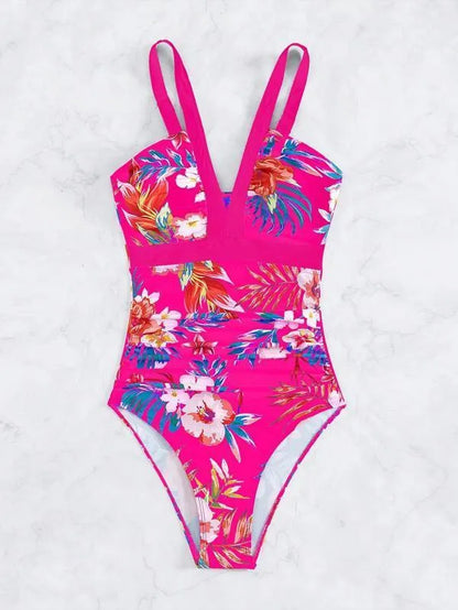 Women's floral pattern backless one-piece swimsuit in spandex-polyester fabric for swimming