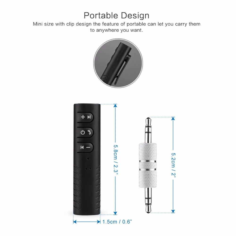 Black Bluetooth audio receiver adapter with 3.5mm AUX jack for car stereo wireless connectivity