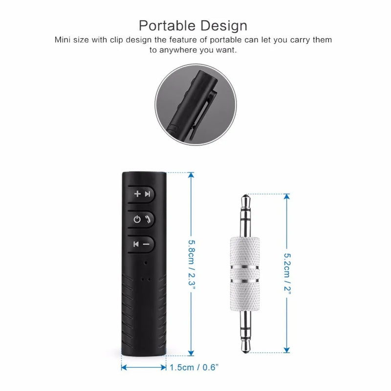 Universal Bluetooth car kit adapter with 3.5mm AUX jack for hands-free calls and wireless music streaming to car stereo, headphones, or speakers using Bluetooth 4.1 technology with up to 10 metre transmission range and compact 5.8cm black plastic housing
