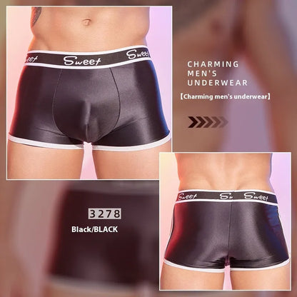 Men's shiny silky nylon boxer briefs in black, white, and sapphire blue colours.