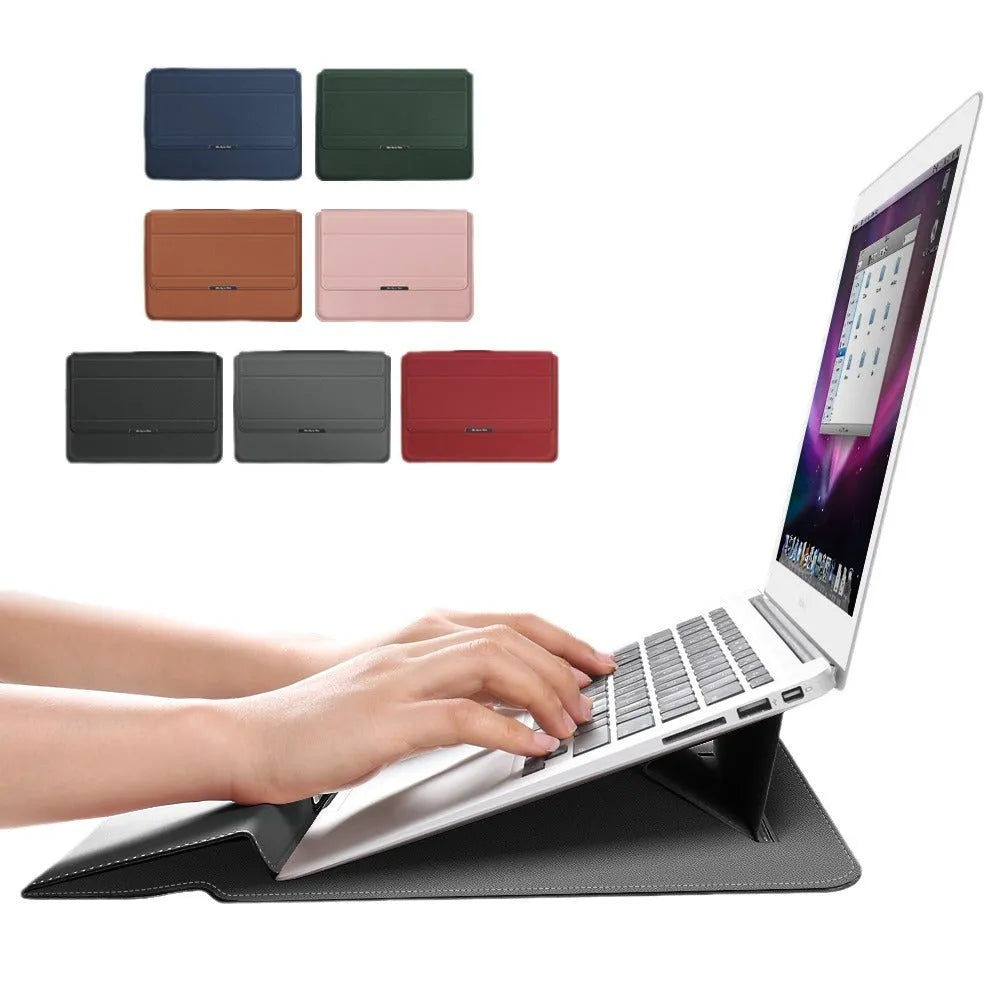 Three-in-one laptop bag in faux leather and plush, shown in black, dark blue, rose gold, grey, dark green, red or camel.