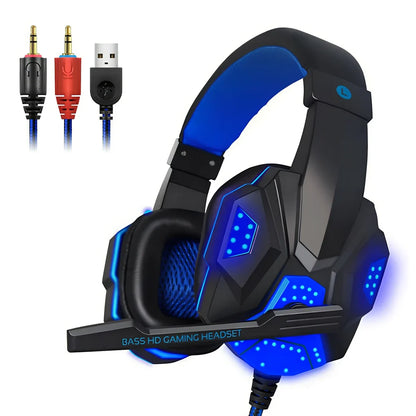 White 3.5mm gaming headset with red LED lights, head-mounted design and microphone for PC gaming