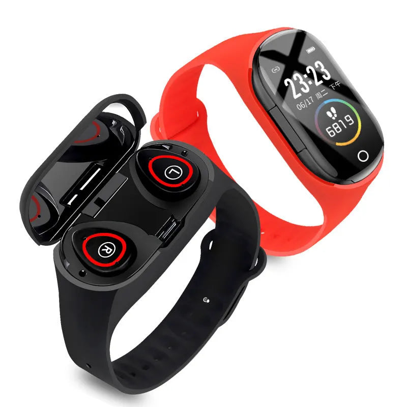 Black smart silicone wristband with a 1-inch screen and integrated earphones for fitness tracking and calls.