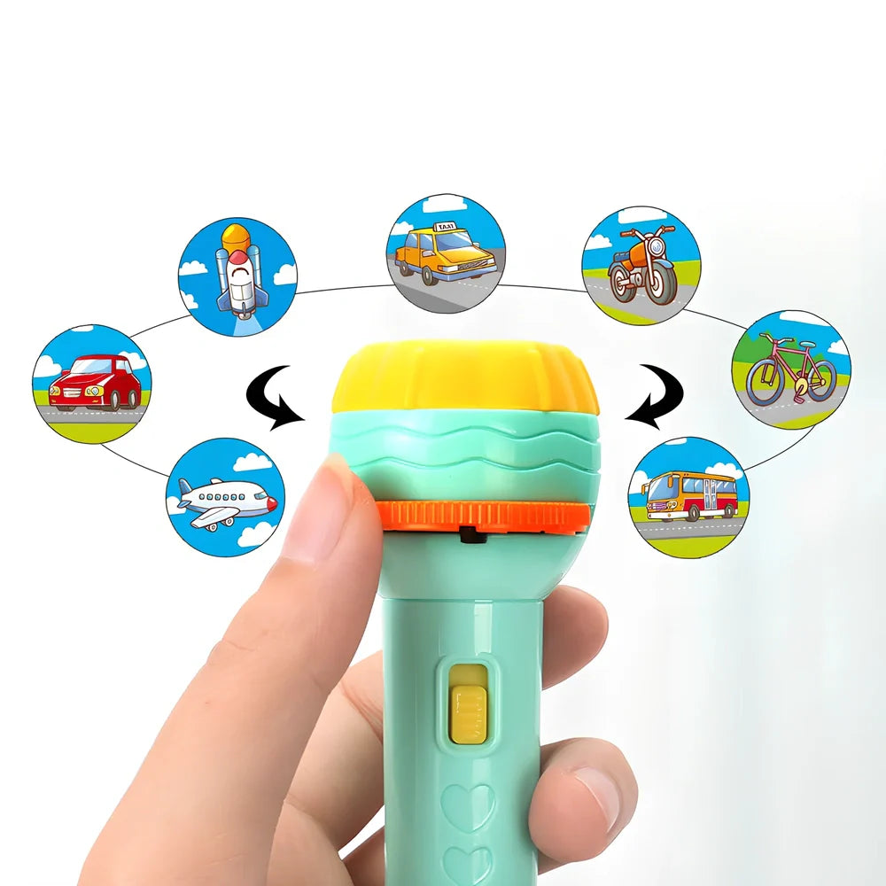 Red cartoon projection flashlight showing rotating lens mechanism for 80 pattern changes