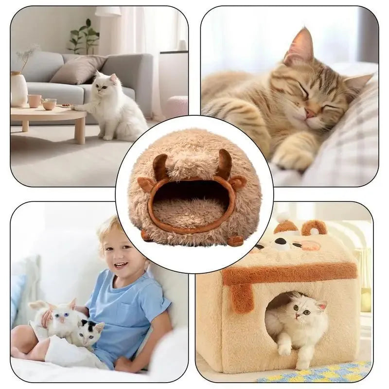 Brown yak shaped semi-enclosed cat cave bed with cover, 45 x 40 x 40 cm, for indoor and outdoor pet use