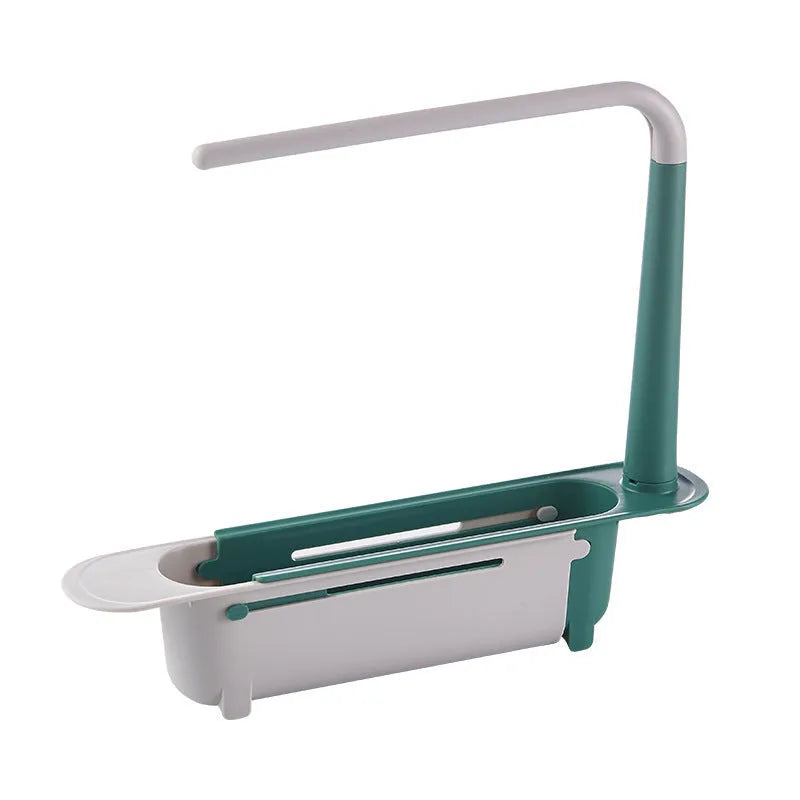 Telescopic plastic kitchen sink drain rack with multi-coloured modular baskets.