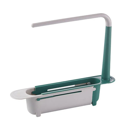 Telescopic plastic kitchen sink drain rack with multi-coloured modular baskets.