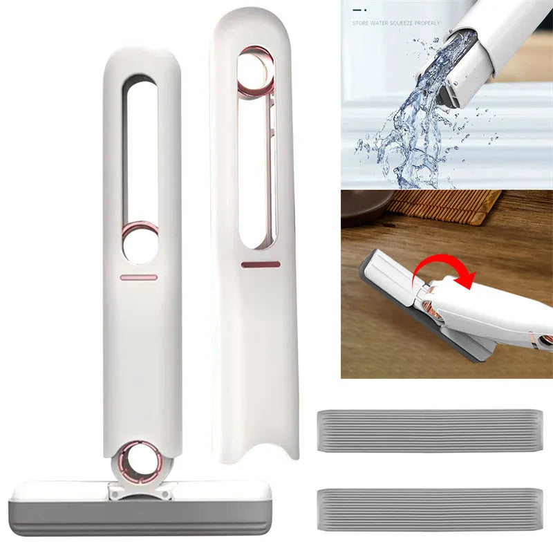 Mini sponge squeeze mop with plastic handle and biodegradable cotton cleaning head on various surfaces