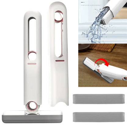 Mini sponge squeeze mop with plastic handle and biodegradable cotton cleaning head on various surfaces