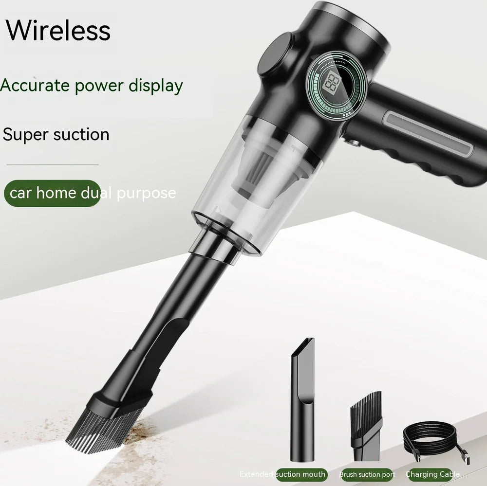 Black and green handheld vacuum cleaner with USB charging cable for car and home use