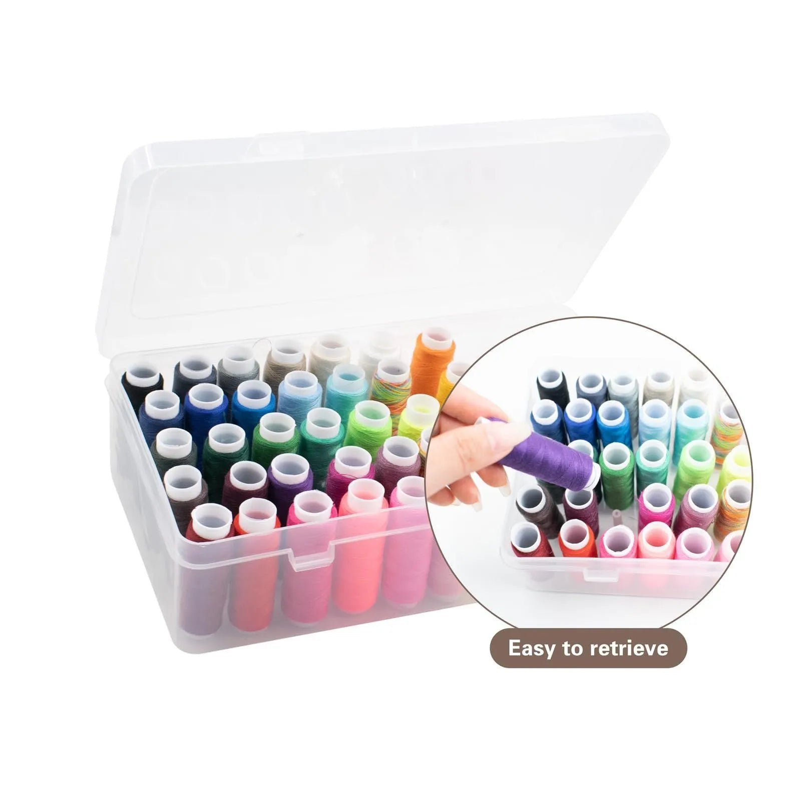 42-slot embroidery thread storage box in transparent plastic with visible spools inside