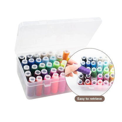 42-slot embroidery thread storage box in transparent plastic with visible spools inside