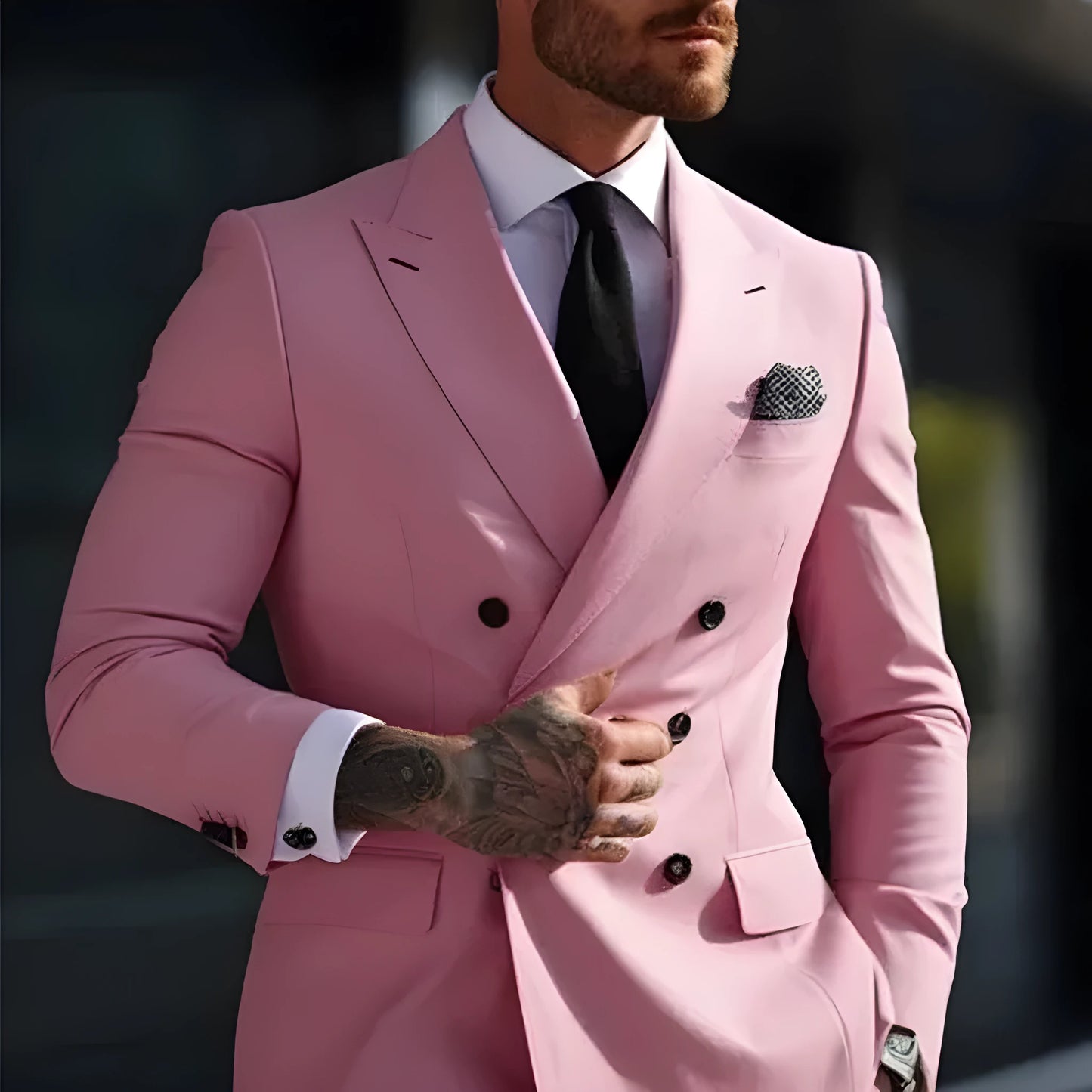 Man wearing a grey Korean-style slim fit two-piece suit with a structured jacket.