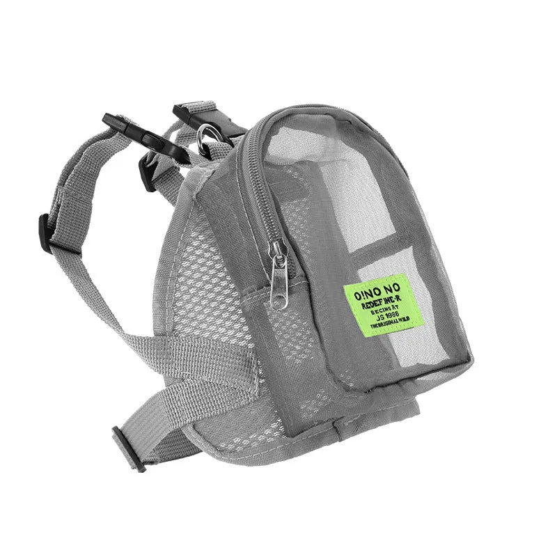 Solid colour dog backpack with breathable mesh panels for pet ventilation.
