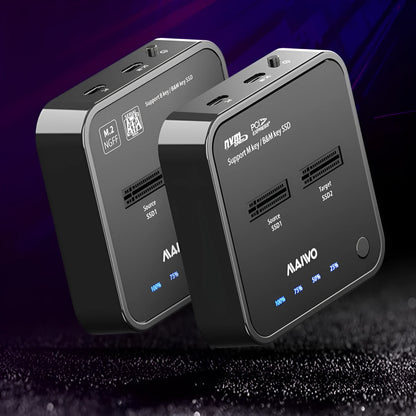 MAIWO K3016 M.2 SSD dock unit with inserted solid-state drive, connected via USB-C cable to a laptop.
