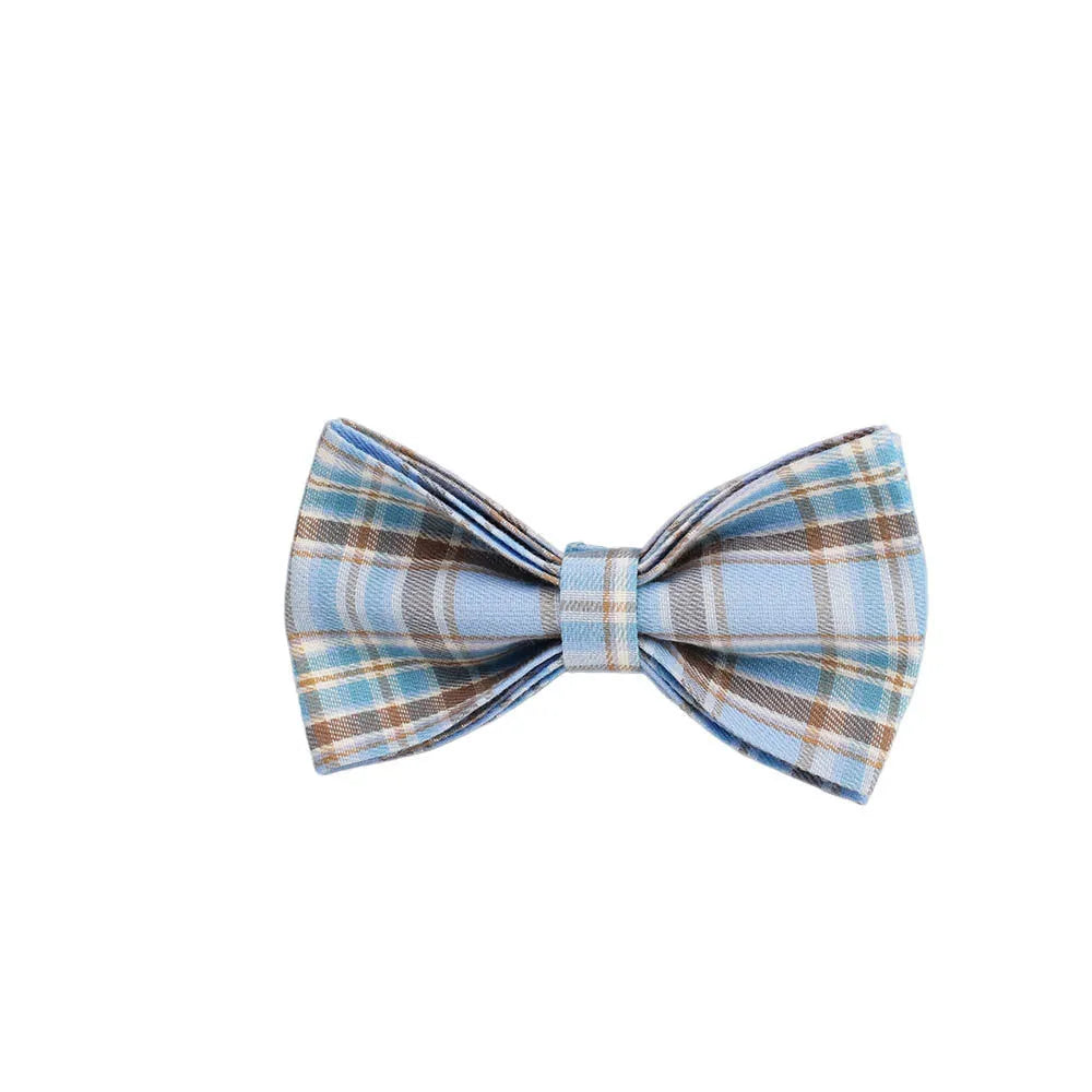 Sky blue grid forest pattern dog collar, leash, bow, and vest four-piece pet accessory set