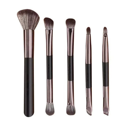 Portable makeup brush set with mirror showing artificial fibre brushes with silver handles