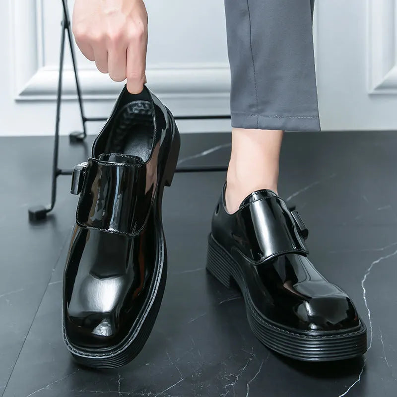 Men's black glossy platform loafers with hidden heel for summer casual wear