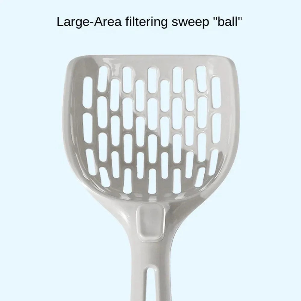 Grey plastic cat litter scoop and self-cleaning base set for litter box maintenance.